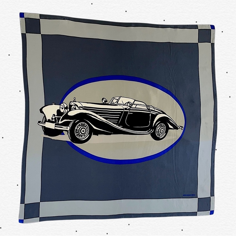 Vintage Mercedes Benz Car Print Silk Square Bandana Scarf in Navy and Gray